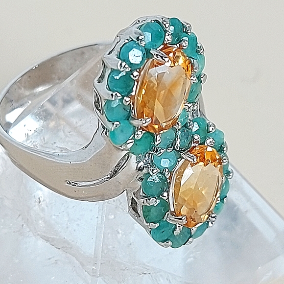 Natural Oval Citrine 8x6mm & Emerald Gemstone 925 Sterling Silver Ring 7.5 - Picture 6 of 7